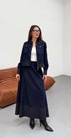 Premium Kalite Denim Kot Etek Ceket Takım İkili Tasarım Jean Takım