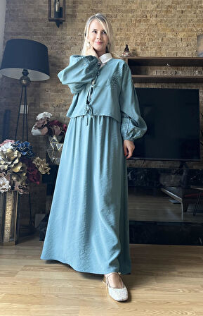 Kadın Yazlık TNCL Kumaş Bağlamalı İkili Takım Taş Baskılı Tesettür Uyumlu