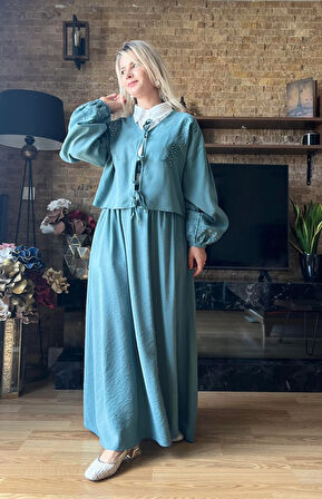 Kadın Yazlık TNCL Kumaş Bağlamalı İkili Takım Taş Baskılı Tesettür Uyumlu