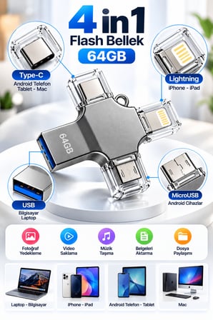 64 GB 4'ü 1 Arada Flash Bellek 64gbıphoneotg-5