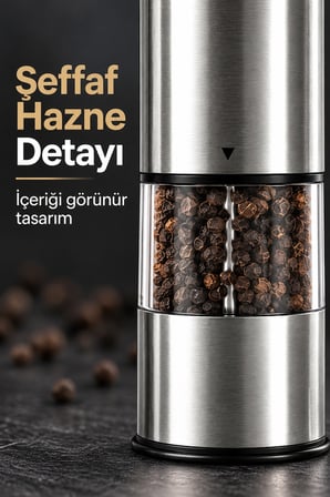 Şeffaf Hazneli Tuz Karabiber Öğütücü Pilli Taşınabilir Mutfak Aleti