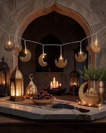 Minareli Hilal LED Işık Gold Metal 8