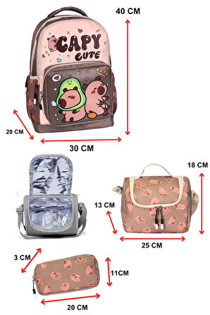 3’Lü İlkokul Capy Cute Baskılı, Erkek Çocuk Beslenmeli Ve Kalemlikli Okul Çantası
