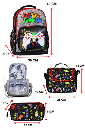 3’Lü İlkokul Gamer Baskılı, Erkek Çocuk Beslenmeli Ve Kalemlikli Okul Çantası