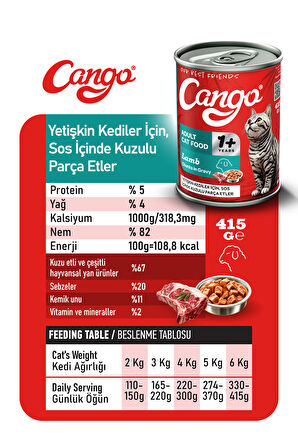Cango Yetişkin Yaş Kedi Maması Kuzu Etli 415Gr 36Lı