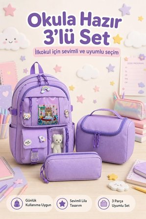Kore Model 3’lü İlkokul Çanta Seti, Sırt Çantası + Beslenme Çantası + Kalemlik