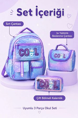 3’lü Okul Çantası Seti, Isı Yalıtımlı Beslenme Çantası ve Çift Bölmeli Kalemlik