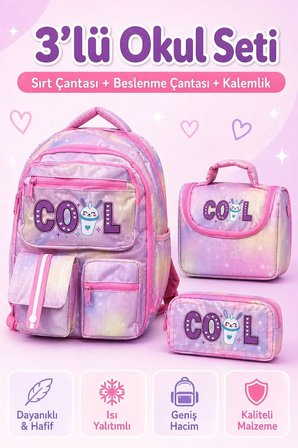 3’lü Okul Çantası Seti, Isı Yalıtımlı Beslenme Çantası ve Çift Bölmeli Kalemlik