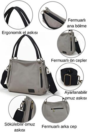 3230 Phaselis Kadın Açık Gri Kanvas Omuz El Günlük Tote Çanta Çok Cepli