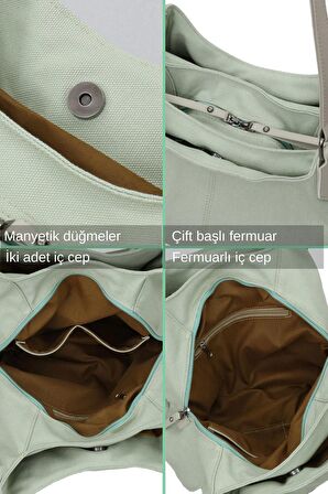 3286 Lonia Kadın Mint Yeşil Kanvas %100 Pamuklu Kanvas Günlük Omuz El Tote Çantası