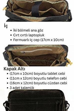 Cappadocia Vintage 4009 Ephesus Salaş Omuz Postacı Antik Siyah 14 inç inch Laptop Okul Seyahat Günlük Vintage Pamuk Çanta