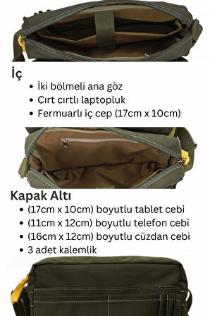 Cappadocia Vintage 4009 Ephesus Salaş Omuz Postacı Haki Yeşil 15.6 inç Laptop Okul Seyahat Günlük Vintage Pamuk Çanta