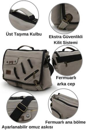 Cappadocia Vintage 4017 Açık Gri 14" Laptop Kanvas Postacı Okul Çantası Unisex Kilitli Çok Cepli Omuz Askılı