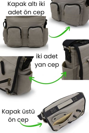 Cappadocia Vintage 4017 Açık Gri 14" Laptop Kanvas Postacı Okul Çantası Unisex Kilitli Çok Cepli Omuz Askılı