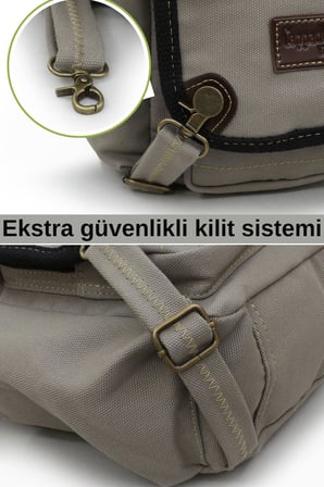 Cappadocia Vintage 4017 Açık Gri 14" Laptop Kanvas Postacı Okul Çantası Unisex Kilitli Çok Cepli Omuz Askılı
