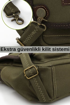 Cappadocia Vintage 4017 Haki 14" Laptop Kanvas Postacı Okul Çantası Unisex Kilitli Çok Cepli Omuz Askılı