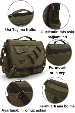 Cappadocia Vintage 4017 Haki 14" Laptop Kanvas Postacı Okul Çantası Unisex Kilitli Çok Cepli Omuz Askılı