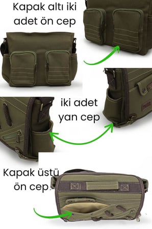 Cappadocia Vintage 4017 Haki 14" Laptop Kanvas Postacı Okul Çantası Unisex Kilitli Çok Cepli Omuz Askılı