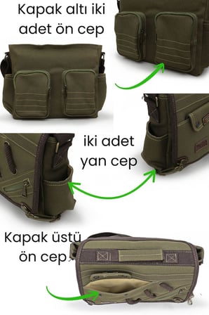 Cappadocia Vintage 4017 Haki 14" Laptop Kanvas Postacı Okul Çantası Unisex Kilitli Çok Cepli Omuz Askılı