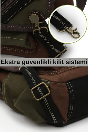 Cappadocia Vintage 4017 Haki Kahverengi 14" Laptop Pamuk Gabardin Postacı Okul Çantası Unisex Kilitli Çok Cepli Omuz Askılı