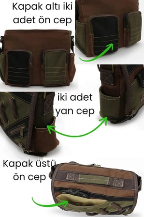 Cappadocia Vintage 4017 Haki Kahverengi 14" Laptop Pamuk Gabardin Postacı Okul Çantası Unisex Kilitli Çok Cepli Omuz Askılı