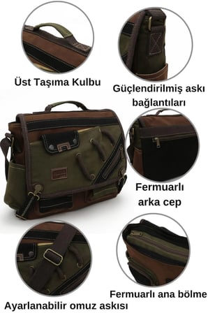Cappadocia Vintage 4017 Haki Kahverengi 14" Laptop Pamuk Gabardin Postacı Okul Çantası Unisex Kilitli Çok Cepli Omuz Askılı
