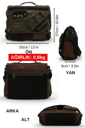 Cappadocia Vintage 4017 Haki Kahverengi 14" Laptop Pamuk Gabardin Postacı Okul Çantası Unisex Kilitli Çok Cepli Omuz Askılı
