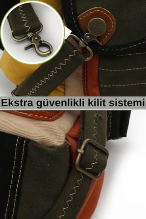 Cappadocia Vintage 4017 Haki Krem Kırmızı 14" Laptop Pamuk Gabardin Postacı Okul Çantası Unisex Kilitli Çok Cepli Omuz Askılı