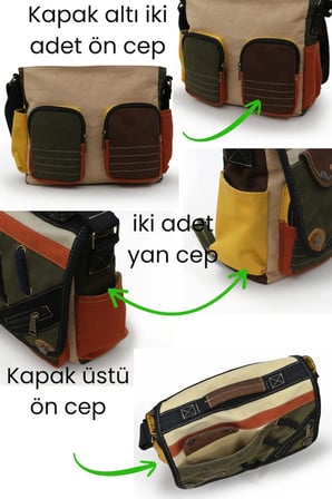Cappadocia Vintage 4017 Haki Krem Kırmızı 14" Laptop Pamuk Gabardin Postacı Okul Çantası Unisex Kilitli Çok Cepli Omuz Askılı