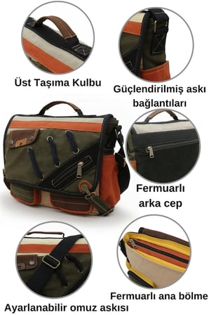 Cappadocia Vintage 4017 Haki Krem Kırmızı 14" Laptop Pamuk Gabardin Postacı Okul Çantası Unisex Kilitli Çok Cepli Omuz Askılı