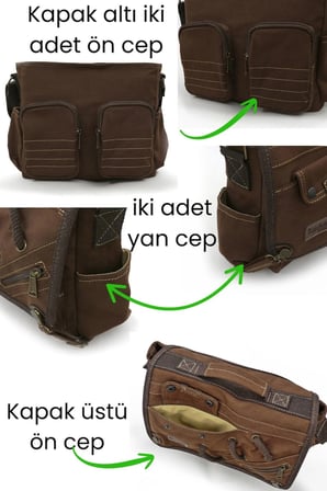 Cappadocia Vintage 4017 Kahverengi 14" Laptop Pamuk Gabardin Postacı Okul Çantası Unisex Kilitli Çok Cepli Omuz Askılı