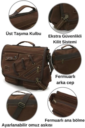 Cappadocia Vintage 4017 Kahverengi 14" Laptop Pamuk Gabardin Postacı Okul Çantası Unisex Kilitli Çok Cepli Omuz Askılı