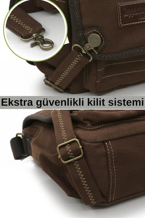 Cappadocia Vintage 4017 Kahverengi 14" Laptop Pamuk Gabardin Postacı Okul Çantası Unisex Kilitli Çok Cepli Omuz Askılı