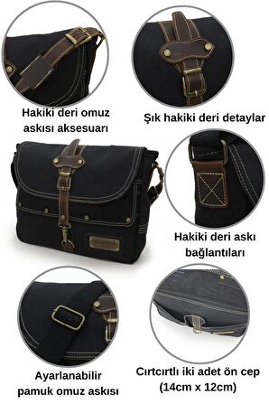 4047 Antiochia GL Hakiki Deri Siyah Omuz Postacı Okul Suya Dayanıklı Mumlu Kanvas Laptop Çantası