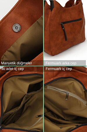 Cappadocia Vintage Kiremit PU Deri Günlük Omuz Çantası Üç Bölmeli Hobo - Tote El Çantası