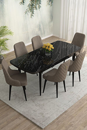 Meri Siyah Mermer 80x132 Açılabilir Mdf Masa Yemek Odası Takımı, Mutfak Takımı 6 Adet Sandalye
