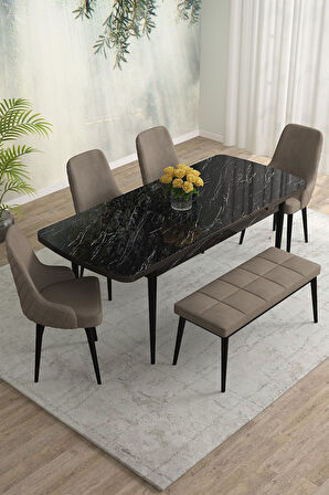 Meri Siyah Mermer 80x132 Açılabilir Mdf Masa Yemek Odası Takımı,Mutfak Masa Takımı 4 Sandalye 1Bench