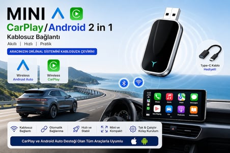 Kenly Kablosuz Apple CarPlay Android Auto Adaptörü 2'si 1 Arada Wireless Dönüştürücü USB Type-C OTG