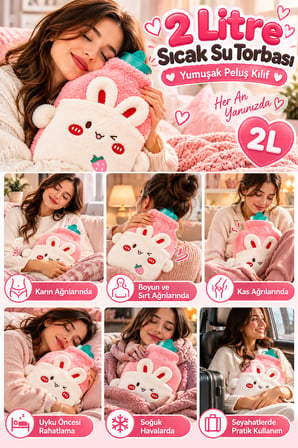 Tavşan Figürlü Yumuşak Peluş Eldivenli Sıcak Su Torbası 2lt