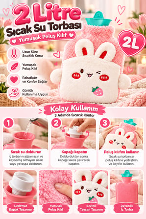 Tavşan Figürlü Yumuşak Peluş Eldivenli Sıcak Su Torbası 2lt