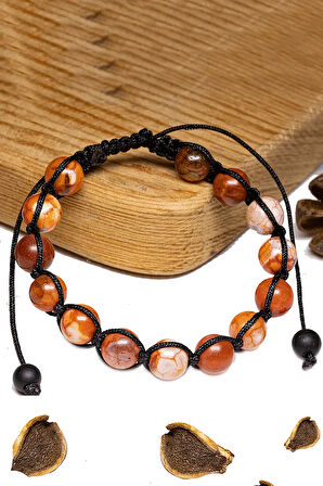 Sertifikalı Turuncu Beyaz Akik Taşı Bileklik - Makrome