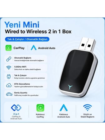 Luve Store 2in1 Kablosuz CarPlay Android Auto Adaptör Wireless Dönüştürücü USB Type-C OTG Mini Araç Bağlantı Aparatı