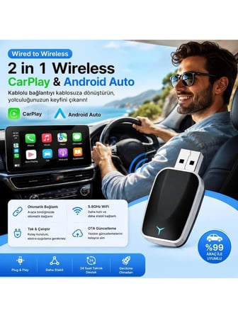 Luve Store 2in1 Kablosuz CarPlay Android Auto Adaptör Wireless Dönüştürücü USB Type-C OTG Mini Araç Bağlantı Aparatı