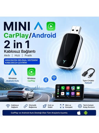 Luve Store 2in1 Kablosuz CarPlay Android Auto Adaptör Wireless Dönüştürücü USB Type-C OTG Mini Araç Bağlantı Aparatı