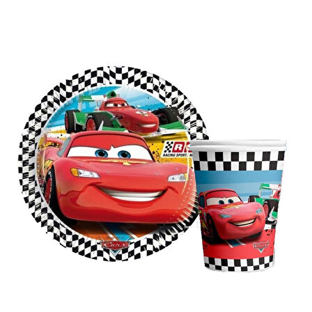 ARABALAR CARS (ŞİMŞEK MCQUEEN) TEMALI KARTON TABAK VE BARDAK SETİ 8+8 ADET