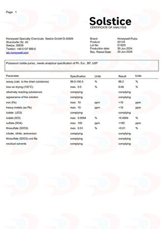 Dolar Kimya Potasyum İyodür (Pharma Grade, Potassium Iodide, Ekstra Saf >=98,5 %) | 1.00 Kg