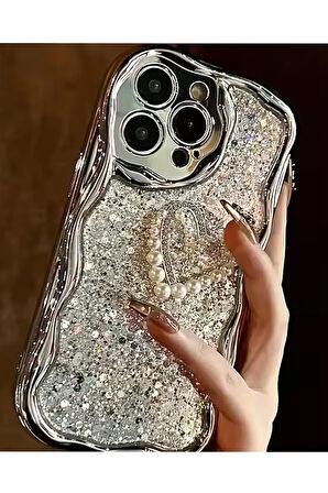 Caş Dekorasyon Gümüş Renk Kalp Figürlü Simli 14 Pro Max Telefon Kılıfı