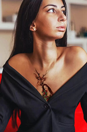 Caş Dekorasyon Geyik ve Kadın Modelli Geçici Dövme Tattoo