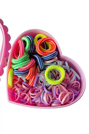 Caş Dekorasyon Pembe Renk Kalp Figürlü Kutu Lastik Toka Set