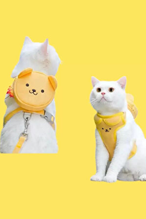 Caş Dekorasyon Sarı Renk Ayıcık Figürlü Çantalı Bel Göğüs Ayarlanabilir Kedi/Köpek Tasma